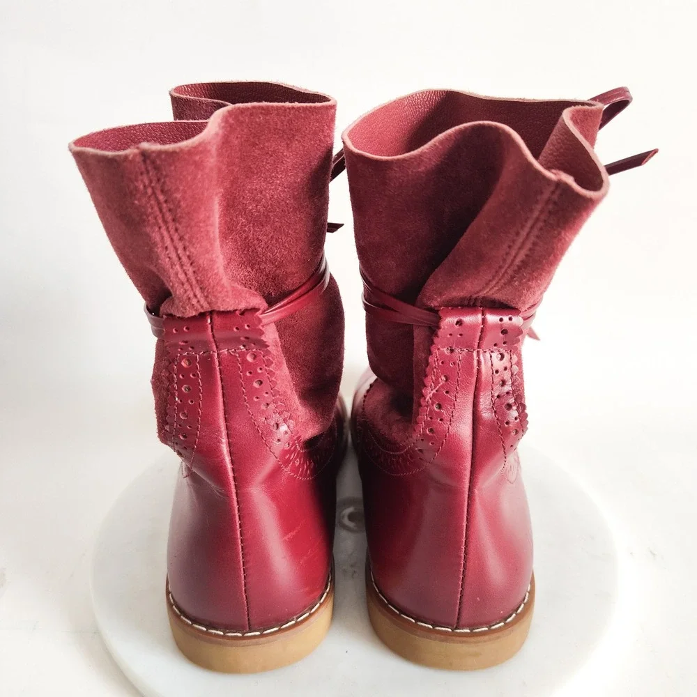 Elephantito Boots Girls‎ Size 12 Mid-Calf Brogue LeatherNubuck Red Bow Detail